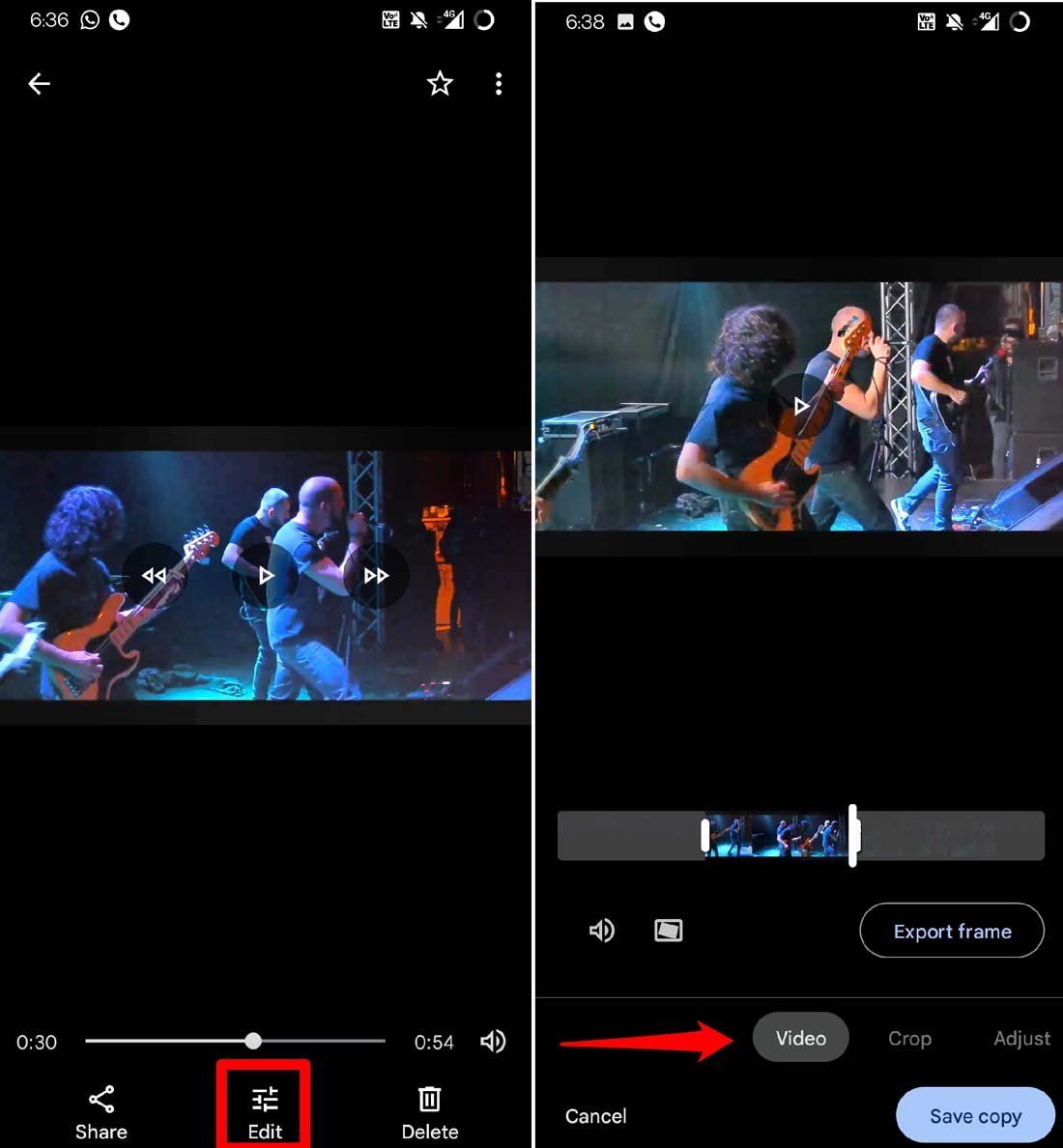 how to open editing panel to edit a video in Google Photos