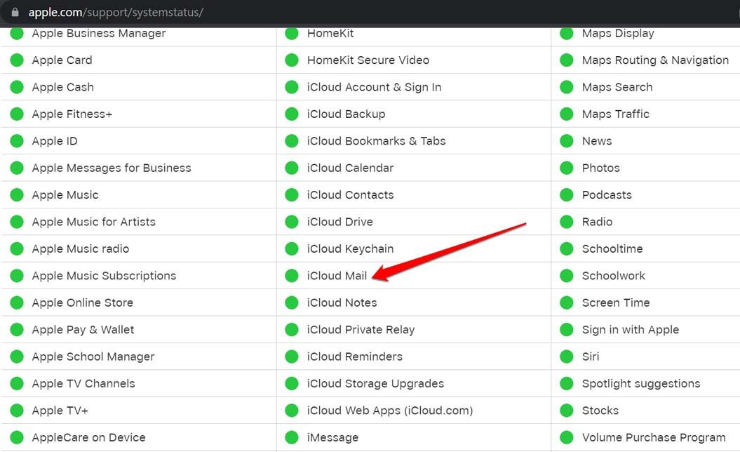 iCloud mail Apple System status