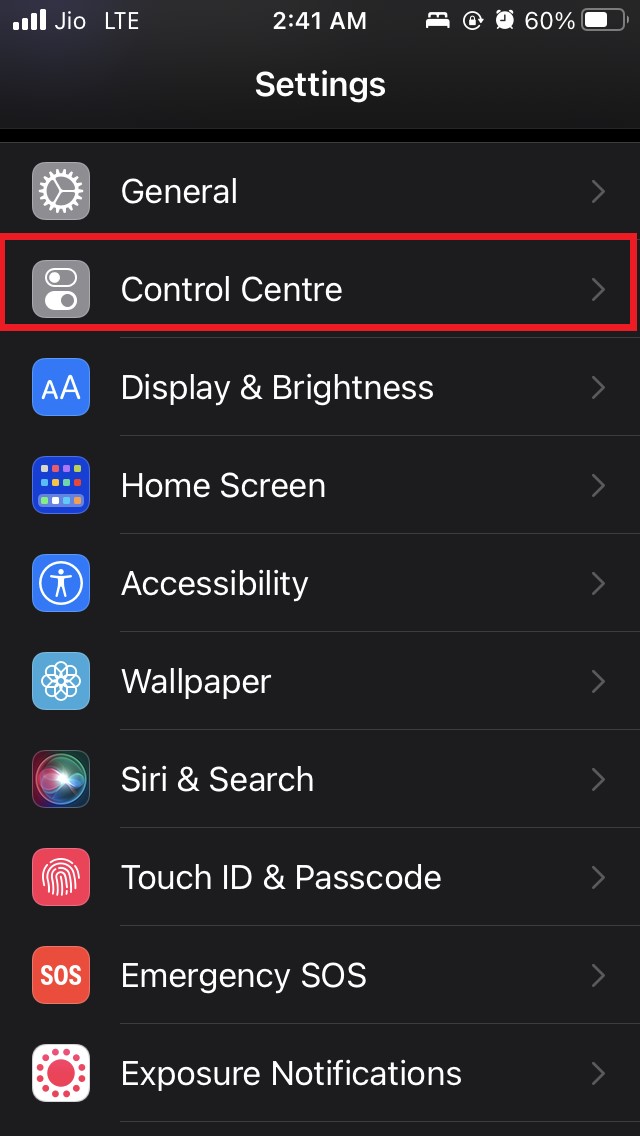 iOS control center settings