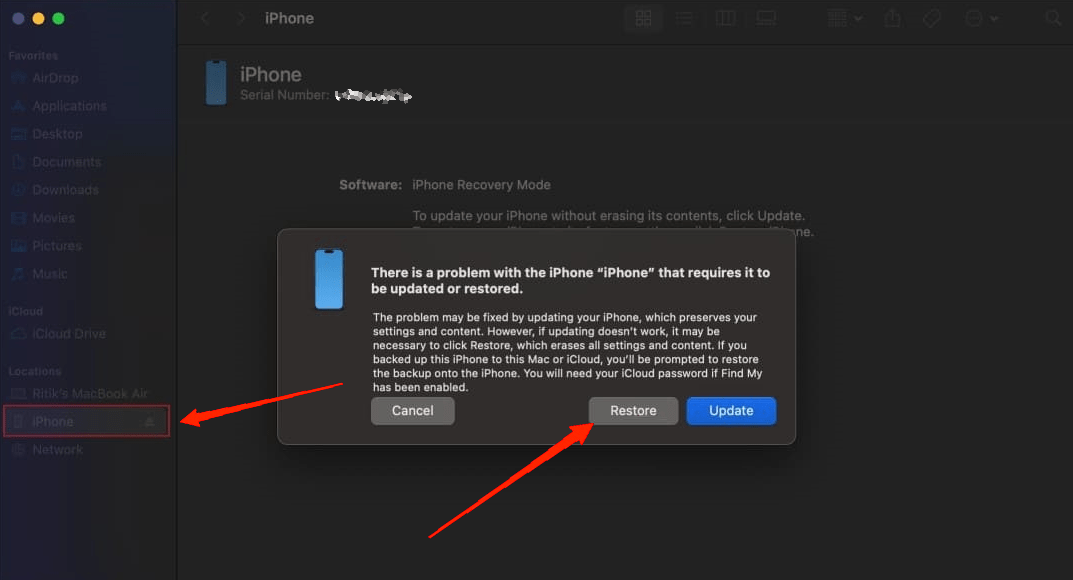 How to Downgrade From iOS 18 Beta to iOS 17 Without Losing Data 6 iTunes will ask you whether you want to update or restore your iPhone, simply click on Restore.