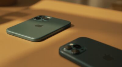 iPhone 11 Pro in matte midnight green resting slightly out of focus on a warm beige surface, with a newer iPhone 17 Pro in sharp focus in the foreground on the same surface, soft cinematic side lighting with subtle directional shadows, no people, no hands, no text, photorealistic, 16:9