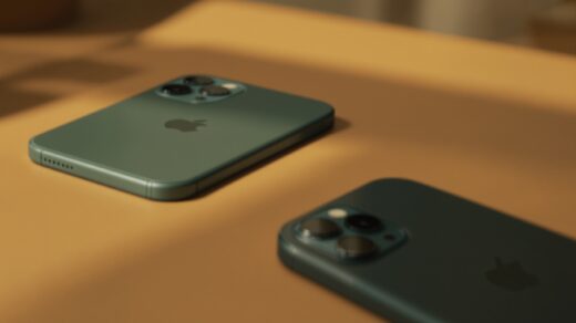 iPhone 11 Pro in matte midnight green resting slightly out of focus on a warm beige surface, with a newer iPhone 17 Pro in sharp focus in the foreground on the same surface, soft cinematic side lighting with subtle directional shadows, no people, no hands, no text, photorealistic, 16:9