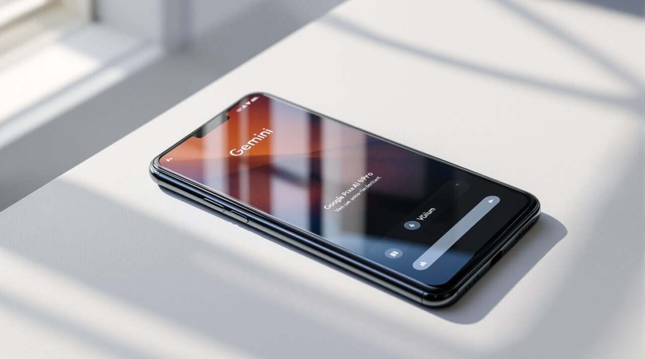 Google Pixel 9 Pro resting on a light grey matte surface at a 45-degree angle, screen displaying the Gemini AI assistant interface with a volume panel visible, shot with a 50mm lens, soft natural window light from the left casting long diffused shadows, realistic glass and metal reflections, no hands, no people, no text overlay, sharp focus, photorealistic, 16:9