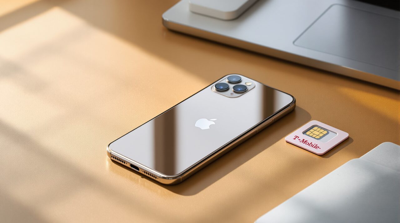 T-Mobile's free iPhone 17 deal sounds simple until you read the fine print 1 Apple iPhone 17 in natural titanium finish resting on a matte warm concrete desk surface next to a neatly folded T-Mobile SIM card tray, shot at 45-degree angle using a 50mm lens, soft natural window light from the left casting long diffused shadows, realistic glass and metal reflections on the iPhone body, shallow depth of field, no hands, no people, no text, no watermark, photorealistic, 16:9