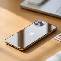 Apple iPhone 17 in natural titanium finish resting on a matte warm concrete desk surface next to a neatly folded T-Mobile SIM card tray, shot at 45-degree angle using a 50mm lens, soft natural window light from the left casting long diffused shadows, realistic glass and metal reflections on the iPhone body, shallow depth of field, no hands, no people, no text, no watermark, photorealistic, 16:9