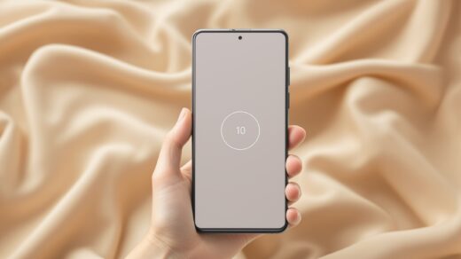 Google Pixel 10 in a hand against a soft warm beige fabric background, screen showing a clean minimal Pause Point waiting screen with a faint timer ring visible, shot at 30-degree angle using a 50mm lens, soft overhead window light, sharp focus on the screen with shallow background blur, no faces visible, no text overlay or watermark, photorealistic, 16:9