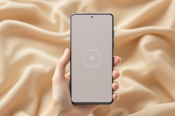 Google Pixel 10 in a hand against a soft warm beige fabric background, screen showing a clean minimal Pause Point waiting screen with a faint timer ring visible, shot at 30-degree angle using a 50mm lens, soft overhead window light, sharp focus on the screen with shallow background blur, no faces visible, no text overlay or watermark, photorealistic, 16:9