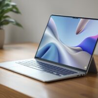 A thin silver laptop closed at a 30-degree angle on a warm wooden desk, with a Google Pixel 10 Pro placed beside it screen-up showing the Android 17 home screen, both in soft natural side lighting from the left, clean minimal background, shallow depth of field, no visible logos, no hands, no people, no text overlay or watermark, photorealistic, 16:9