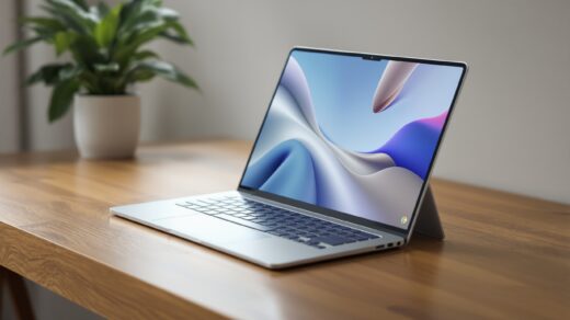A thin silver laptop closed at a 30-degree angle on a warm wooden desk, with a Google Pixel 10 Pro placed beside it screen-up showing the Android 17 home screen, both in soft natural side lighting from the left, clean minimal background, shallow depth of field, no visible logos, no hands, no people, no text overlay or watermark, photorealistic, 16:9