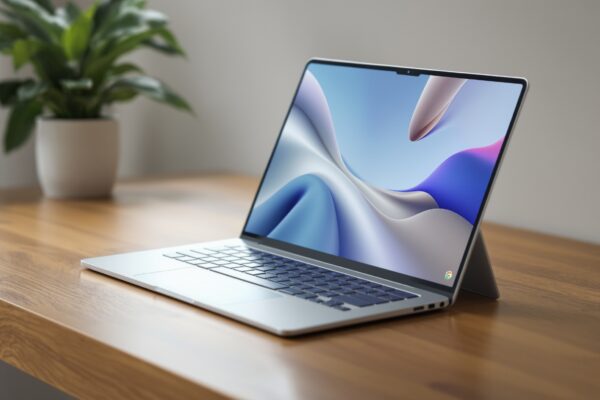 A thin silver laptop closed at a 30-degree angle on a warm wooden desk, with a Google Pixel 10 Pro placed beside it screen-up showing the Android 17 home screen, both in soft natural side lighting from the left, clean minimal background, shallow depth of field, no visible logos, no hands, no people, no text overlay or watermark, photorealistic, 16:9