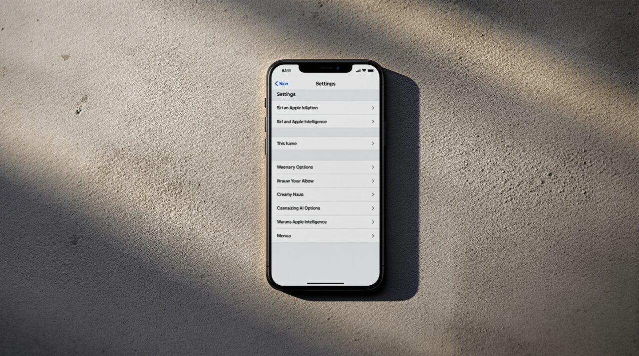 iOS 27 may open Siri to Claude, Gemini, and ChatGPT, and it changes more than you think 1 iPhone 17 Pro lying flat on a warm grey concrete surface, Settings app open showing a Siri and Apple Intelligence menu with multiple AI options listed, soft cinematic side lighting with long directional shadows, no hands, no people, no text visible on screen labels, photorealistic, 16:9