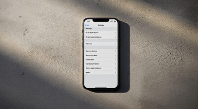 iPhone 17 Pro lying flat on a warm grey concrete surface, Settings app open showing a Siri and Apple Intelligence menu with multiple AI options listed, soft cinematic side lighting with long directional shadows, no hands, no people, no text visible on screen labels, photorealistic, 16:9