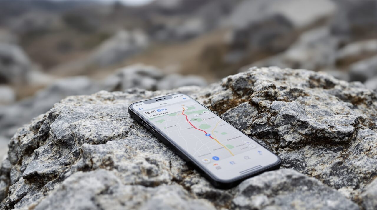 iPhone 18 Pro resting on a rocky outdoor stone surface with rugged terrain blurred in the background, screen showing a Maps navigation interface with a route active, shot at 45-degree angle using a 50mm lens, soft overcast natural light from the left, shallow depth of field, no hands, no people, no text, no watermark, sharp focus, photorealistic, 16:9
