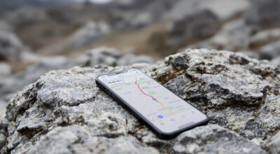 iPhone 18 Pro's C2 modem could let you browse the internet from anywhere with no cell signal iPhone 18 Pro resting on a rocky outdoor stone surface with rugged terrain blurred in the background, screen showing a Maps navigation interface with a route active, shot at 45-degree angle using a 50mm lens, soft overcast natural light from the left, shallow depth of field, no hands, no people, no text, no watermark, sharp focus, photorealistic, 16:9