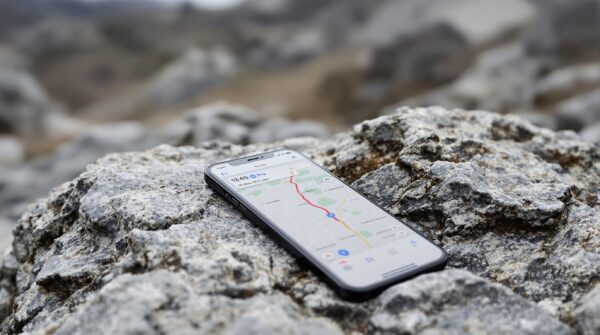 iPhone 18 Pro's C2 modem could let you browse the internet from anywhere with no cell signal 13 iPhone 18 Pro resting on a rocky outdoor stone surface with rugged terrain blurred in the background, screen showing a Maps navigation interface with a route active, shot at 45-degree angle using a 50mm lens, soft overcast natural light from the left, shallow depth of field, no hands, no people, no text, no watermark, sharp focus, photorealistic, 16:9