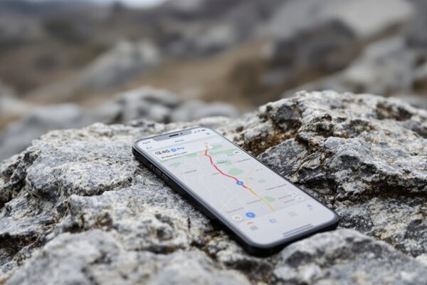 iPhone 18 Pro resting on a rocky outdoor stone surface with rugged terrain blurred in the background, screen showing a Maps navigation interface with a route active, shot at 45-degree angle using a 50mm lens, soft overcast natural light from the left, shallow depth of field, no hands, no people, no text, no watermark, sharp focus, photorealistic, 16:9