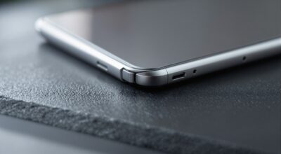 A close-up of a foldable smartphone hinge mechanism resting on a dark matte slate surface, titanium silver metallic finish, precision engineering detail visible, shot at 45-degree angle using a 50mm lens, soft natural window light from the left, extreme shallow depth of field, no hands, no people, no text, no watermark, sharp focus, photorealistic, 16:9