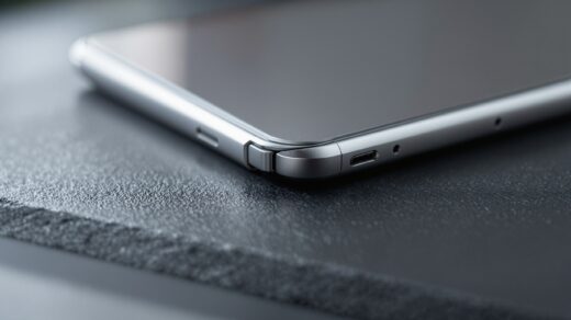 A close-up of a foldable smartphone hinge mechanism resting on a dark matte slate surface, titanium silver metallic finish, precision engineering detail visible, shot at 45-degree angle using a 50mm lens, soft natural window light from the left, extreme shallow depth of field, no hands, no people, no text, no watermark, sharp focus, photorealistic, 16:9