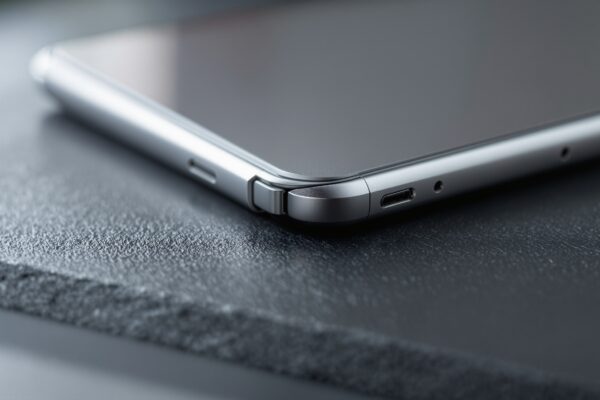 A close-up of a foldable smartphone hinge mechanism resting on a dark matte slate surface, titanium silver metallic finish, precision engineering detail visible, shot at 45-degree angle using a 50mm lens, soft natural window light from the left, extreme shallow depth of field, no hands, no people, no text, no watermark, sharp focus, photorealistic, 16:9