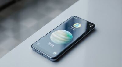 Samsung Galaxy S25 resting on a cool light grey surface, screen showing a Snapchat friend profile with a green planet representing Uranus in the Friend Solar System, shot at 45-degree angle, 50mm lens, soft natural window light from the left, shallow depth of field, no hands, no people, no text, photorealistic, 16:9