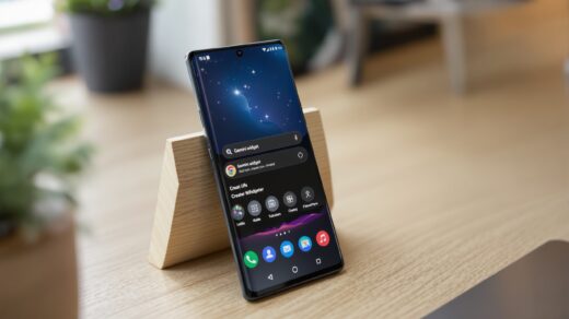 Samsung Galaxy S26 resting on a light oak desk