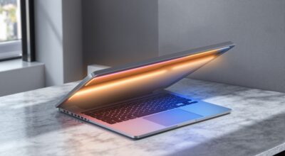 A premium silver laptop with a subtle colored LED strip glowing