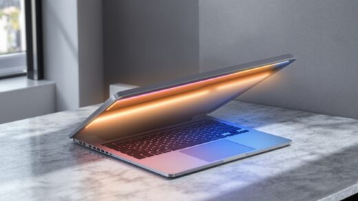 A premium silver laptop with a subtle colored LED strip glowing