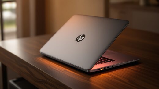 HP premium laptop resting on a dark walnut surface, lid slightly open
