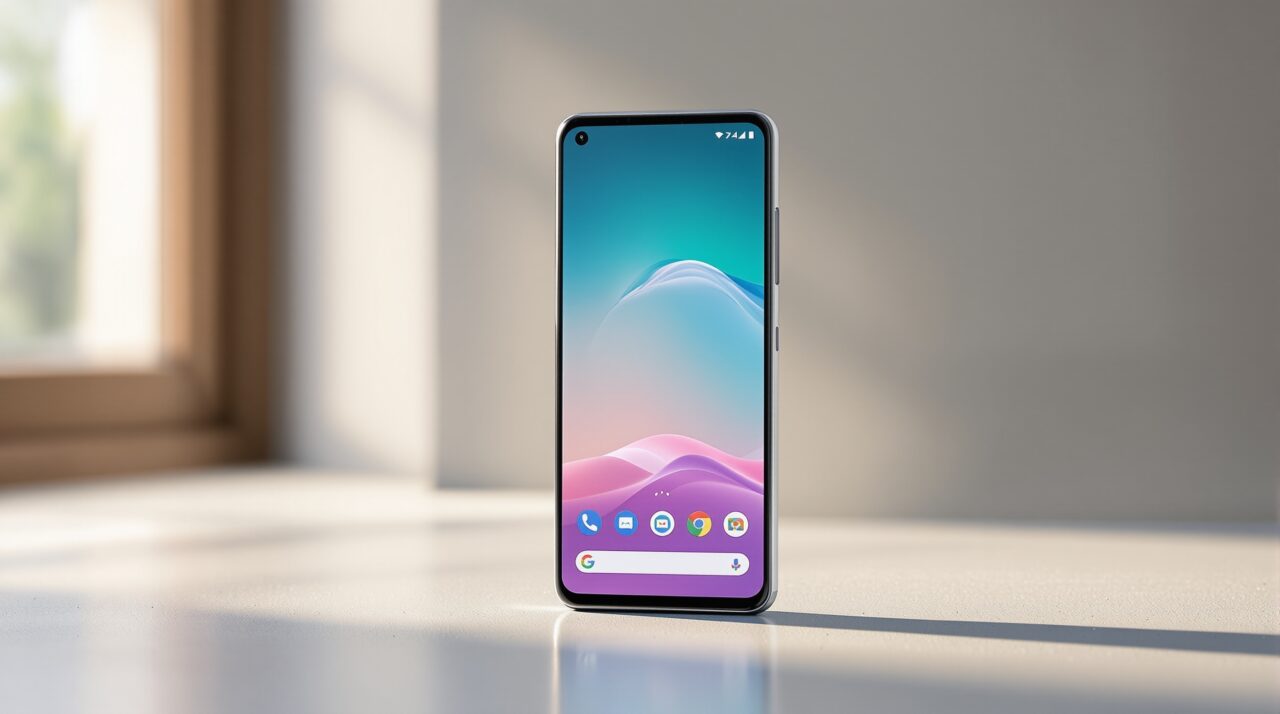 Google Pixel 10 Pro standing upright on a clean light concrete surface, screen facing forward displaying a minimal Android home screen, soft ambient glow from a window behind the device, 45-degree side angle, 50mm lens, shallow depth of field, no text overlay, no hands, no watermark, photorealistic, 16:9