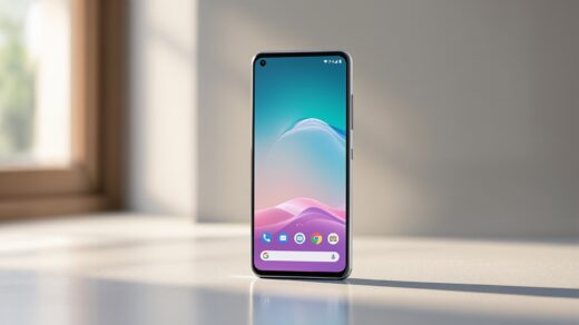 Google Pixel 10 Pro standing upright on a clean light concrete surface, screen facing forward displaying a minimal Android home screen, soft ambient glow from a window behind the device, 45-degree side angle, 50mm lens, shallow depth of field, no text overlay, no hands, no watermark, photorealistic, 16:9