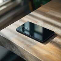 Google Pixel 11 Pro resting on a warm grey concrete desk surface, camera bar facing up showing the all-glass design, shot at 45-degree angle using a 50mm lens, soft natural window light from the left casting long diffused shadows, realistic glass reflections on the camera bar surface, no hands, no people, no text, no watermark, sharp focus, photorealistic, 16:9