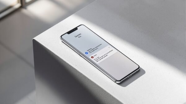 Google Pixel 9 Pro smartphone resting flat on a pale grey concrete surface at a 45-degree angle, screen displaying the Gemini app interface with a clean chat thread visible, soft natural window light from the left casting long diffused shadows, shallow depth of field with sharp focus on the screen, realistic glass and metal reflections, no hands, no people, no text overlays, no watermark, photorealistic, 16:9