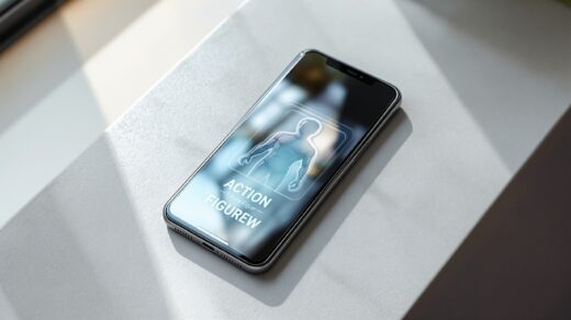 A smartphone resting on a clean light grey concrete surface, its screen showing a completed AI-generated action figure image of a person displayed in a realistic blister pack with bold packaging text, shot at a 45-degree angle using a 50mm lens, soft natural window light from the left casting long diffused shadows, realistic glass reflections on the phone screen, shallow depth of field, no hands, no people, no watermark, photorealistic, 16:9