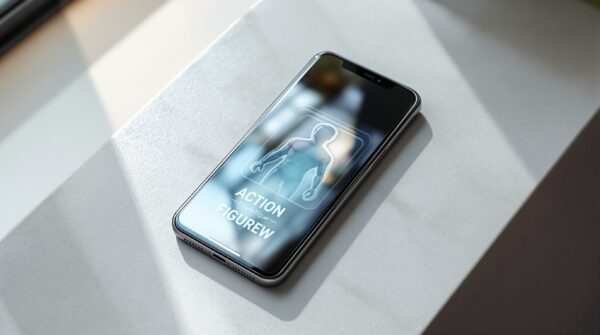 A smartphone resting on a clean light grey concrete surface, its screen showing a completed AI-generated action figure image of a person displayed in a realistic blister pack with bold packaging text, shot at a 45-degree angle using a 50mm lens, soft natural window light from the left casting long diffused shadows, realistic glass reflections on the phone screen, shallow depth of field, no hands, no people, no watermark, photorealistic, 16:9