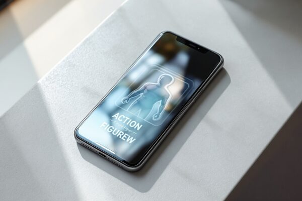 A smartphone resting on a clean light grey concrete surface, its screen showing a completed AI-generated action figure image of a person displayed in a realistic blister pack with bold packaging text, shot at a 45-degree angle using a 50mm lens, soft natural window light from the left casting long diffused shadows, realistic glass reflections on the phone screen, shallow depth of field, no hands, no people, no watermark, photorealistic, 16:9