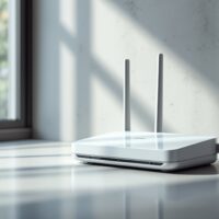 A modern WiFi 7 router resting on a clean light grey concrete desk surface, two or three antennas visible, shot at a 45-degree angle using a 50mm lens, soft natural window light from the left casting long diffused shadows, realistic plastic and antenna reflections, shallow depth of field, no hands, no people, no text, no watermark, photorealistic, 16:9