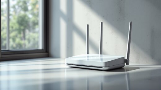 A modern WiFi 7 router resting on a clean light grey concrete desk surface, two or three antennas visible, shot at a 45-degree angle using a 50mm lens, soft natural window light from the left casting long diffused shadows, realistic plastic and antenna reflections, shallow depth of field, no hands, no people, no text, no watermark, photorealistic, 16:9