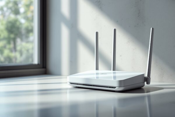A modern WiFi 7 router resting on a clean light grey concrete desk surface, two or three antennas visible, shot at a 45-degree angle using a 50mm lens, soft natural window light from the left casting long diffused shadows, realistic plastic and antenna reflections, shallow depth of field, no hands, no people, no text, no watermark, photorealistic, 16:9