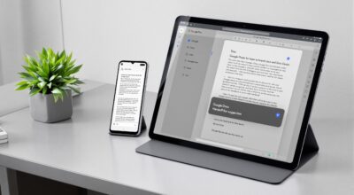 Google Pixel 9 phone and Pixel Tablet side by side on a light grey concrete desk, both screens on showing the same Google Docs document mid-edit, the tablet dock showing a handoff suggestion indicator, shot at 45-degree angle, 50mm lens, soft window light from left, realistic screen glow, no hands, no people, no text overlay, photorealistic, 16:9