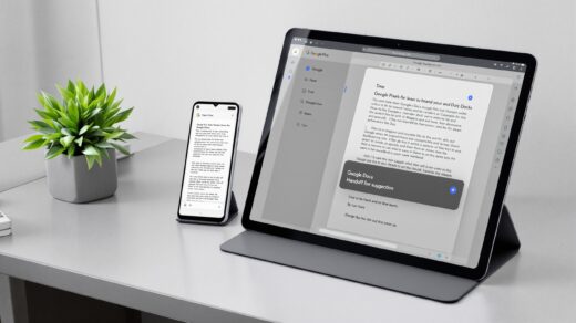Google Pixel 9 phone and Pixel Tablet side by side on a light grey concrete desk, both screens on showing the same Google Docs document mid-edit, the tablet dock showing a handoff suggestion indicator, shot at 45-degree angle, 50mm lens, soft window light from left, realistic screen glow, no hands, no people, no text overlay, photorealistic, 16:9