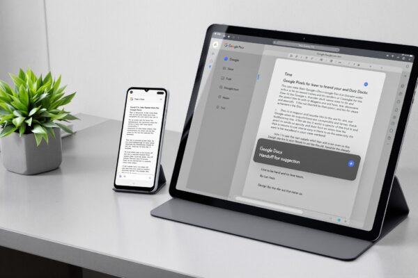 Google Pixel 9 phone and Pixel Tablet side by side on a light grey concrete desk, both screens on showing the same Google Docs document mid-edit, the tablet dock showing a handoff suggestion indicator, shot at 45-degree angle, 50mm lens, soft window light from left, realistic screen glow, no hands, no people, no text overlay, photorealistic, 16:9