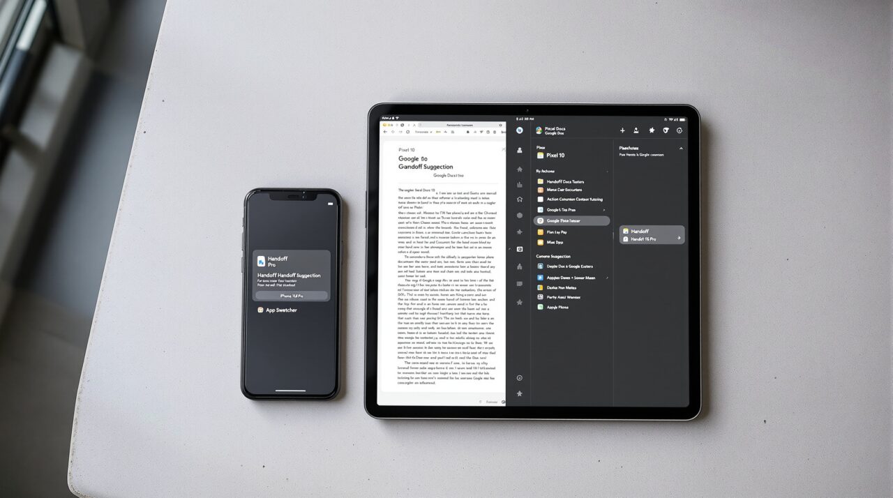 Google Pixel 10 phone and a Pixel Tablet side by side on a light grey concrete surface,