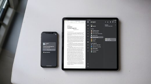 Google Pixel 10 phone and a Pixel Tablet side by side on a light grey concrete surface,