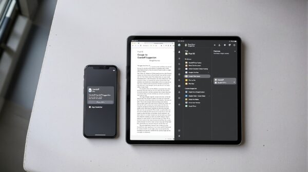 Google Pixel 10 phone and a Pixel Tablet side by side on a light grey concrete surface,