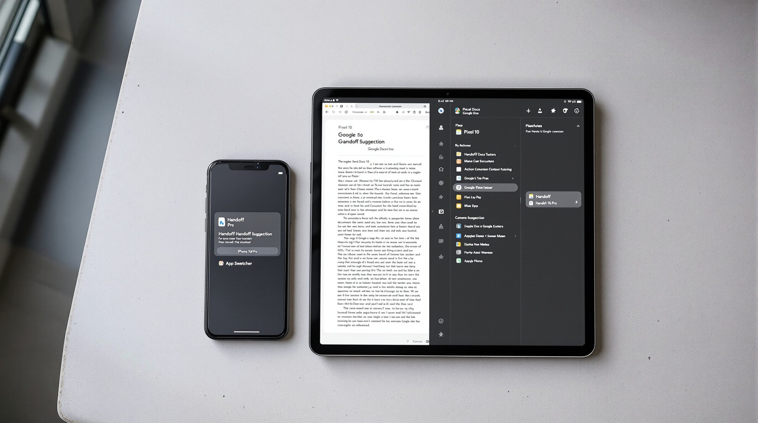Google Pixel 10 phone and a Pixel Tablet side by side on a light grey concrete surface,