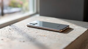 Samsung Galaxy S26 Ultra resting flat on a warm grey concrete surface, rear panel visible showing camera system and titanium frame, shot at 45-degree angle, 50mm lens, shallow depth of field, soft natural window light from the left, long diffused shadows, no hands, no people, no text, no watermark, sharp focus, photorealistic, 16:9