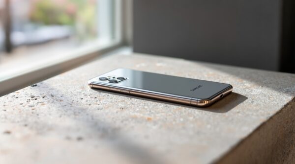 Samsung Galaxy S26 Ultra resting flat on a warm grey concrete surface, rear panel visible showing camera system and titanium frame, shot at 45-degree angle, 50mm lens, shallow depth of field, soft natural window light from the left, long diffused shadows, no hands, no people, no text, no watermark, sharp focus, photorealistic, 16:9