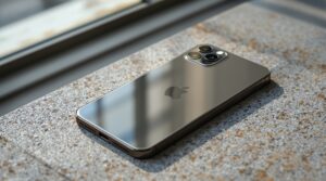 iPhone 18 resting face-up on a warm grey concrete surface, front camera area and Dynamic Island visible from directly above at a slight angle, 50mm lens, soft natural window light from the left, subtle glass reflections, no hands, no people, no text, no watermark, sharp focus, photorealistic, 16:9