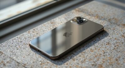 iPhone 18 24MP front camera finally makes sense, and most reviewers will miss why iPhone 18 resting face-up on a warm grey concrete surface, front camera area and Dynamic Island visible from directly above at a slight angle, 50mm lens, soft natural window light from the left, subtle glass reflections, no hands, no people, no text, no watermark, sharp focus, photorealistic, 16:9