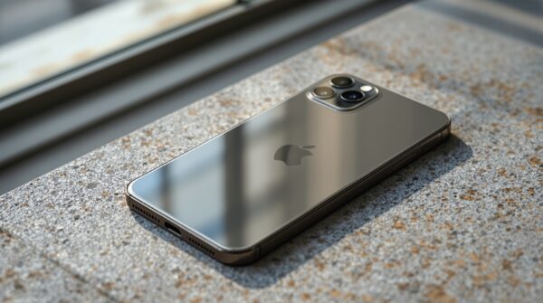 iPhone 18 resting face-up on a warm grey concrete surface, front camera area and Dynamic Island visible from directly above at a slight angle, 50mm lens, soft natural window light from the left, subtle glass reflections, no hands, no people, no text, no watermark, sharp focus, photorealistic, 16:9